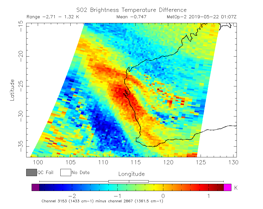 SO2 Brightness Temperature Difference 2019-05-22 01:07Z