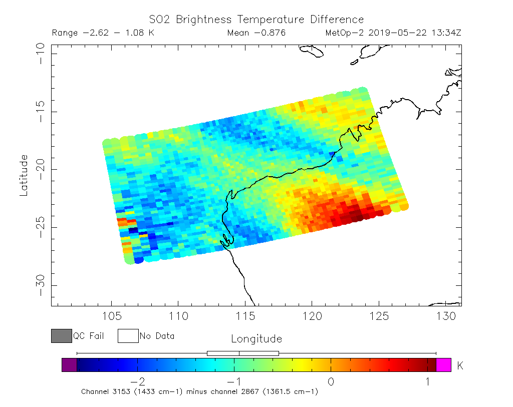 SO2 Brightness Temperature Difference 2019-05-22 13:34Z