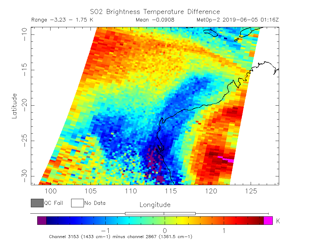 SO2 Brightness Temperature Difference 2019-06-05 01:16Z
