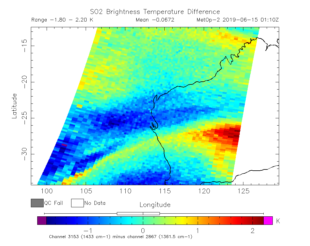 SO2 Brightness Temperature Difference 2019-06-15 01:10Z