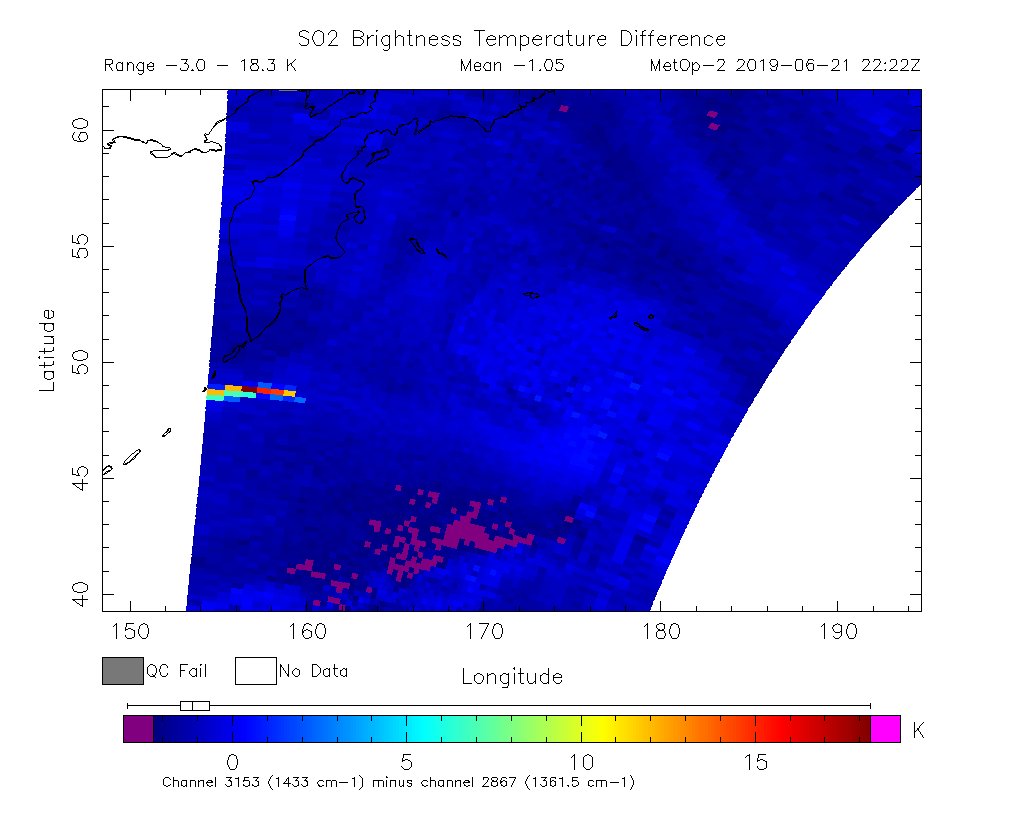 SO2 Brightness Temperature Difference 2019-06-21 22:22Z