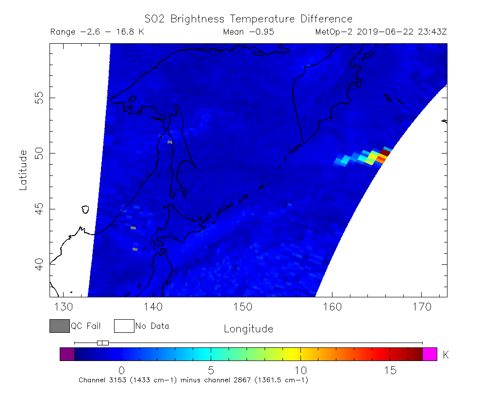 SO2 Brightness Temperature Difference 2019-06-22 23:43Z