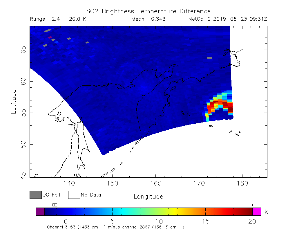 SO2 Brightness Temperature Difference 2019-06-23 09:31Z