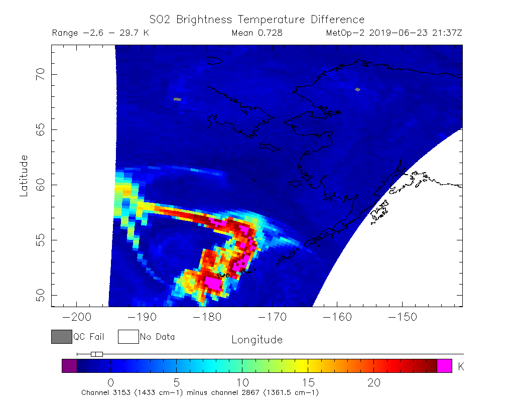 SO2 Brightness Temperature Difference 2019-06-23 21:37Z