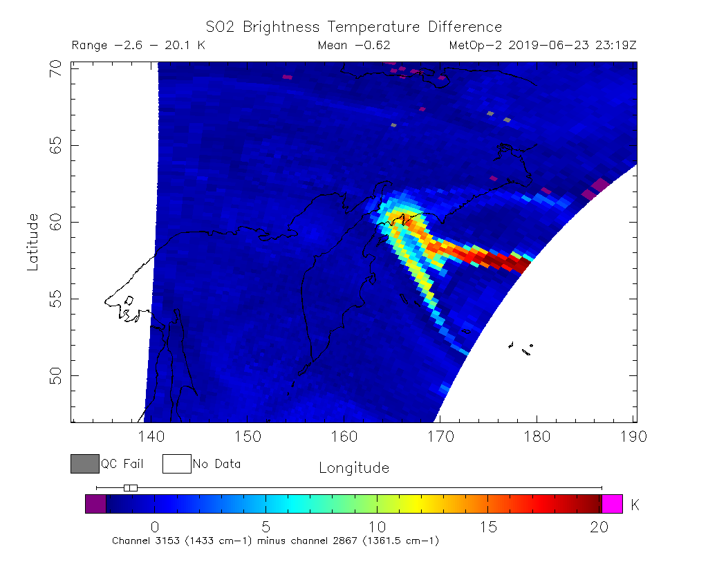 SO2 Brightness Temperature Difference 2019-06-23 23:19Z