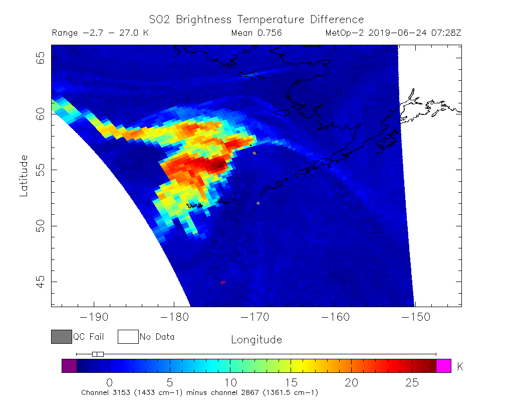 SO2 Brightness Temperature Difference 2019-06-24 07:28Z