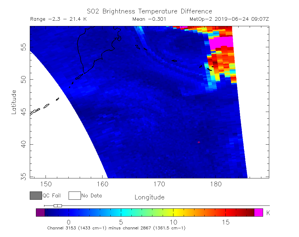 SO2 Brightness Temperature Difference 2019-06-24 09:07Z
