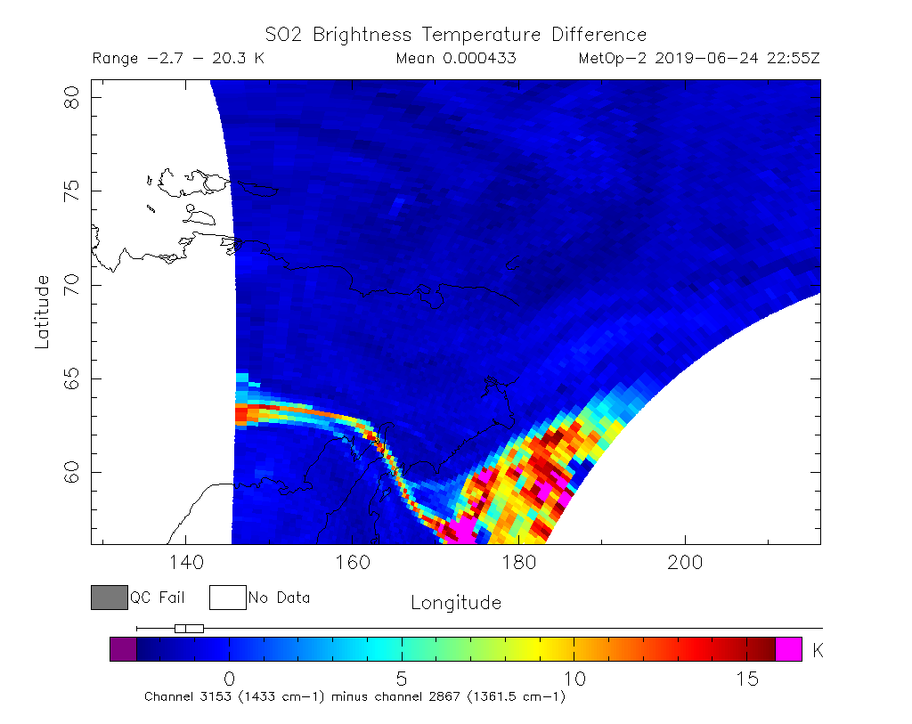 SO2 Brightness Temperature Difference 2019-06-24 22:55Z