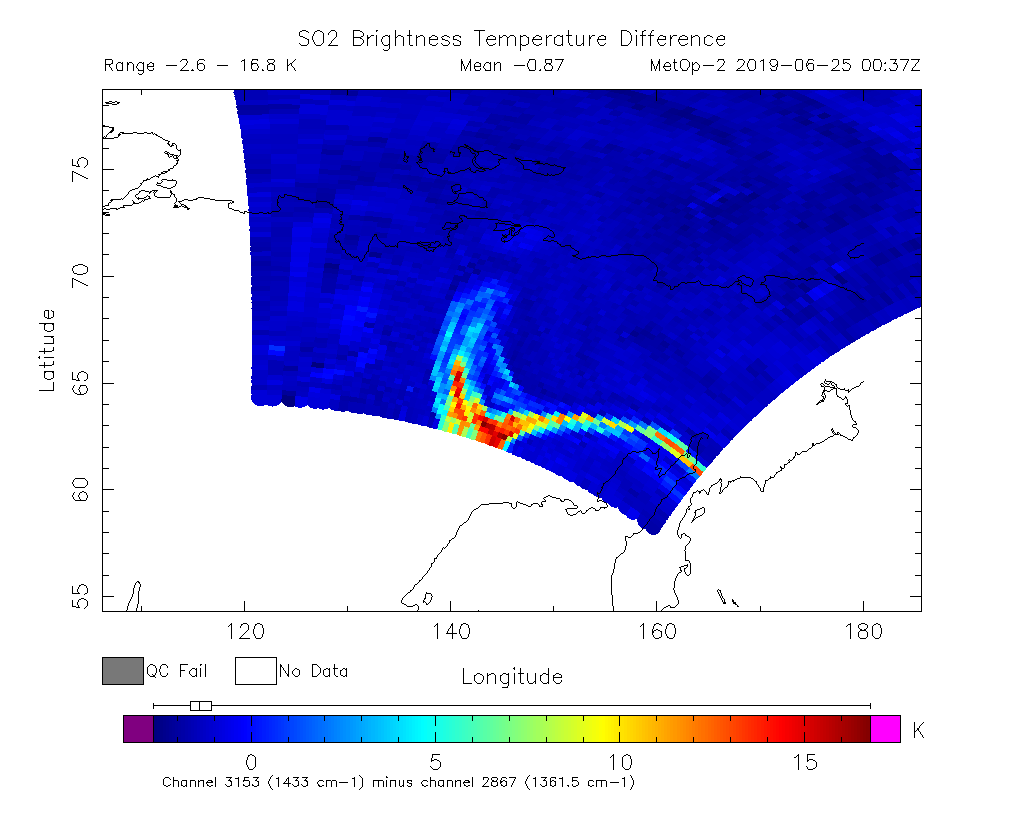 SO2 Brightness Temperature Difference 2019-06-25 00:37Z
