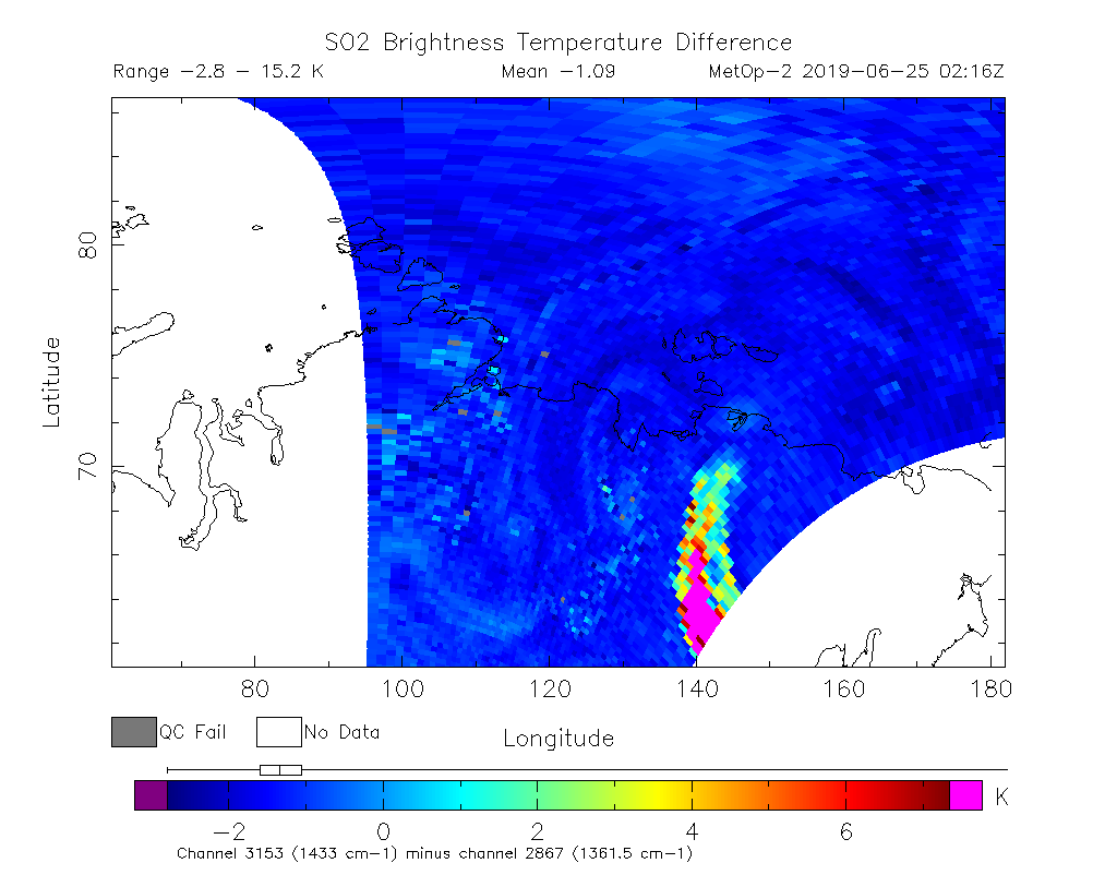 SO2 Brightness Temperature Difference 2019-06-25 02:16Z