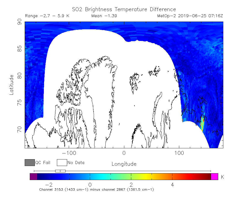 SO2 Brightness Temperature Difference 2019-06-25 07:16Z