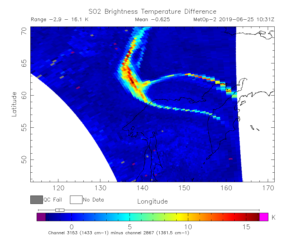 SO2 Brightness Temperature Difference 2019-06-25 10:31Z