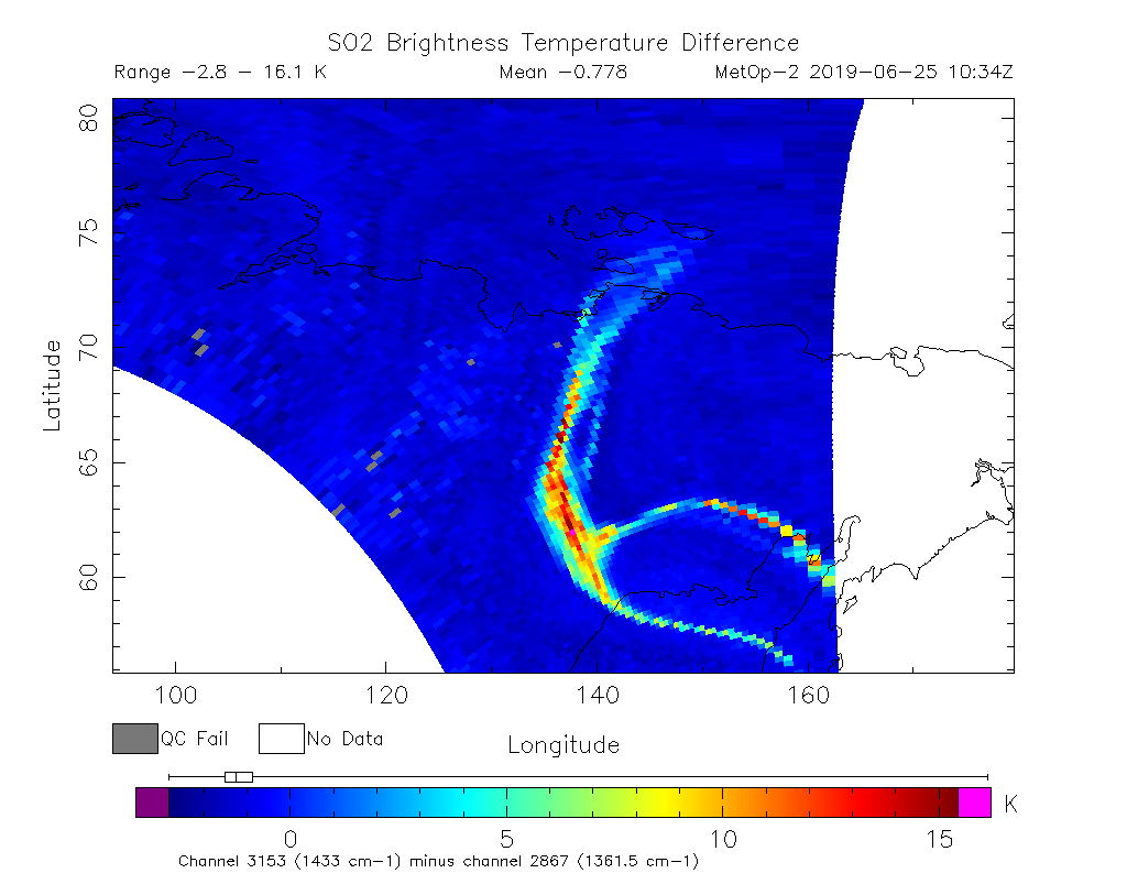 SO2 Brightness Temperature Difference 2019-06-25 10:34Z