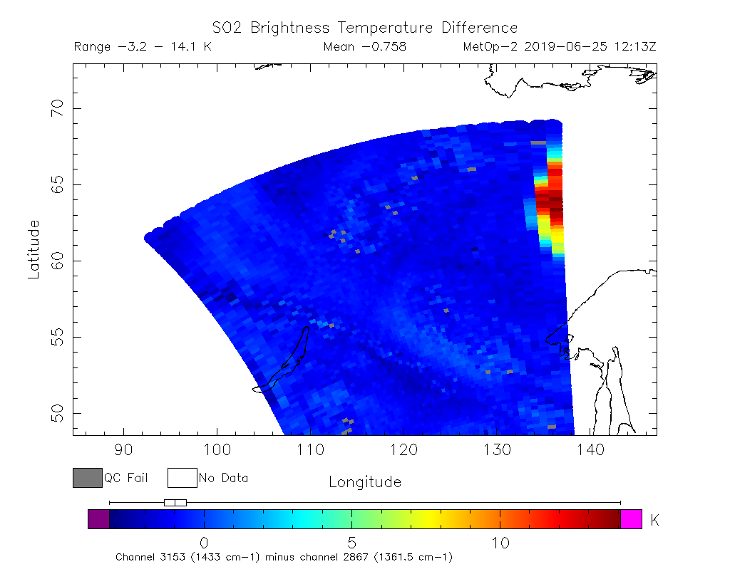 SO2 Brightness Temperature Difference 2019-06-25 12:13Z