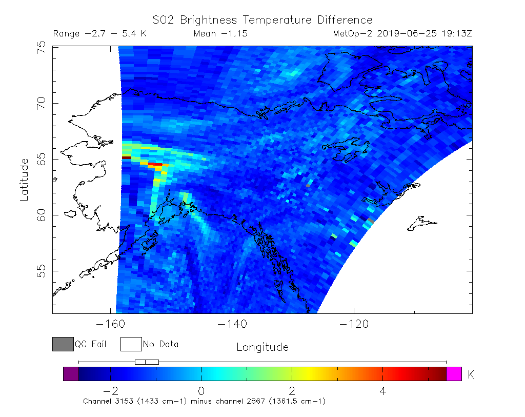 SO2 Brightness Temperature Difference 2019-06-25 19:13Z