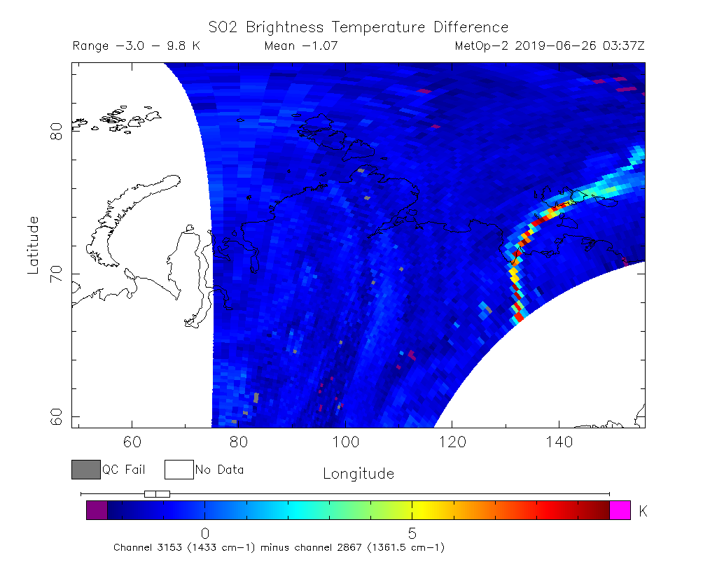 SO2 Brightness Temperature Difference 2019-06-26 03:37Z