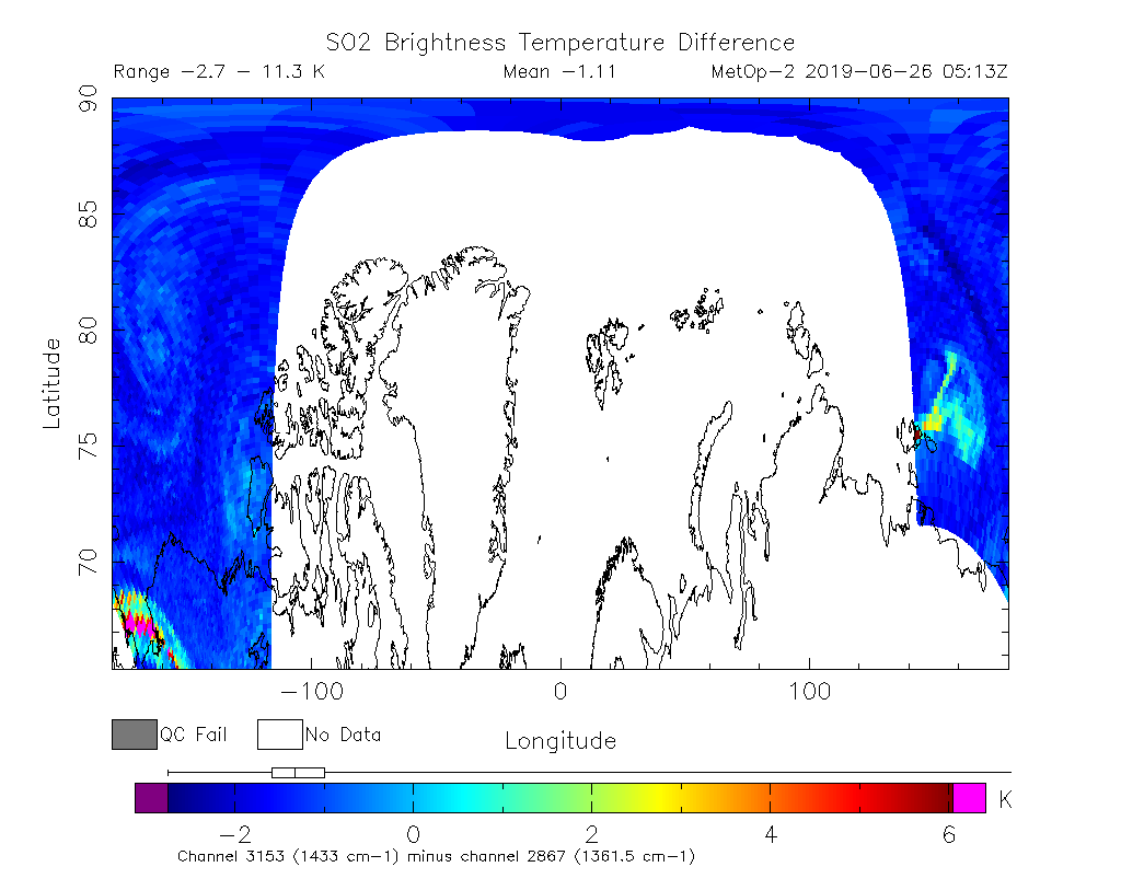 SO2 Brightness Temperature Difference 2019-06-26 05:13Z