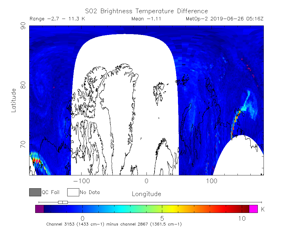 SO2 Brightness Temperature Difference 2019-06-26 05:16Z