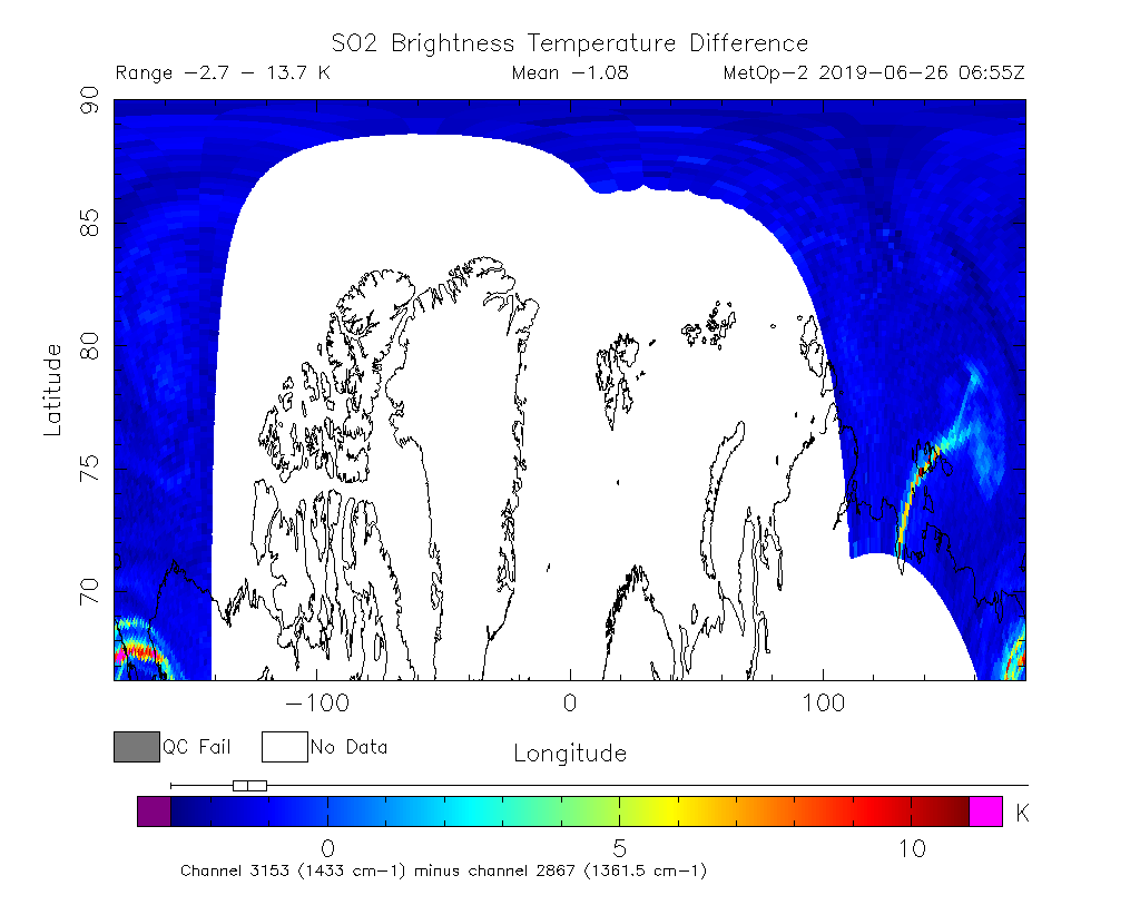 SO2 Brightness Temperature Difference 2019-06-26 06:55Z