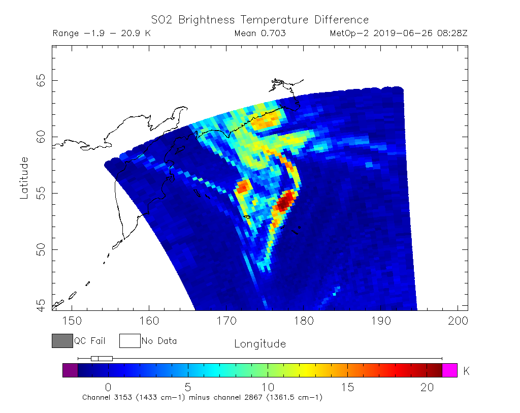 SO2 Brightness Temperature Difference 2019-06-26 08:28Z