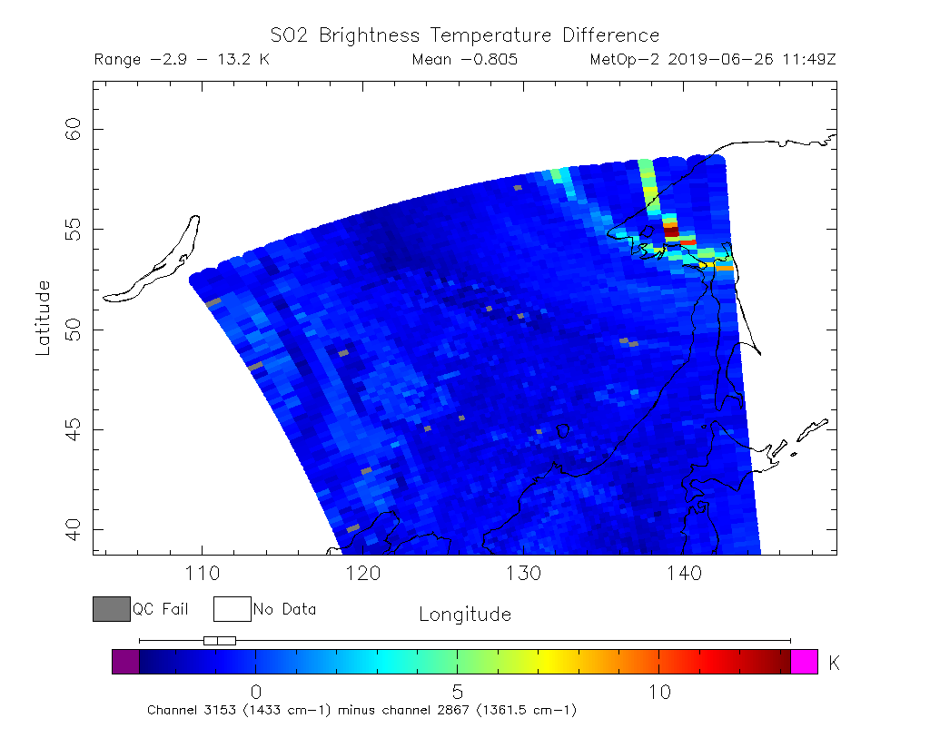 SO2 Brightness Temperature Difference 2019-06-26 11:49Z