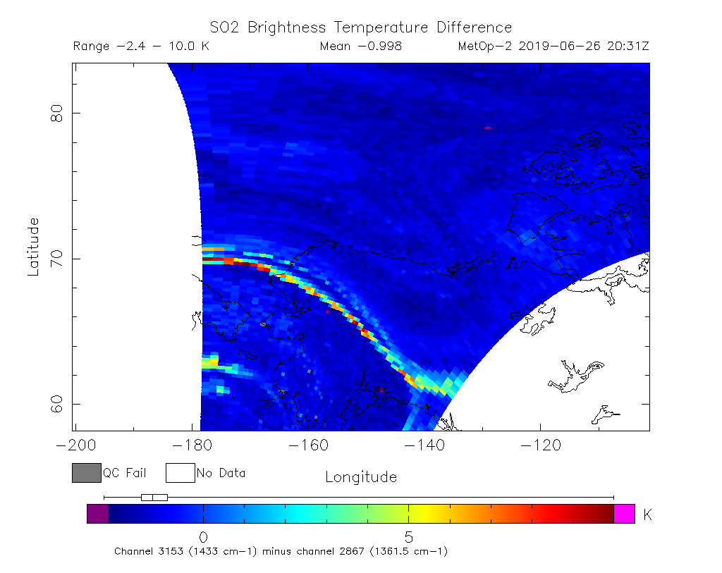 SO2 Brightness Temperature Difference 2019-06-26 20:31Z