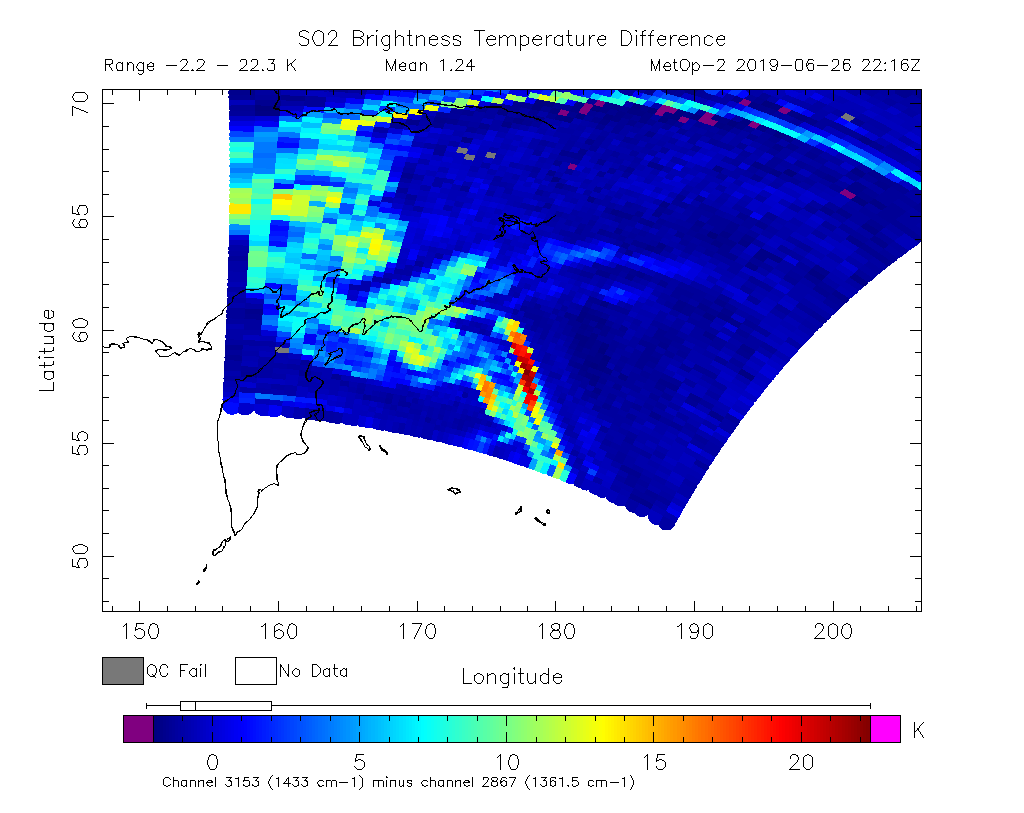 SO2 Brightness Temperature Difference 2019-06-26 22:16Z