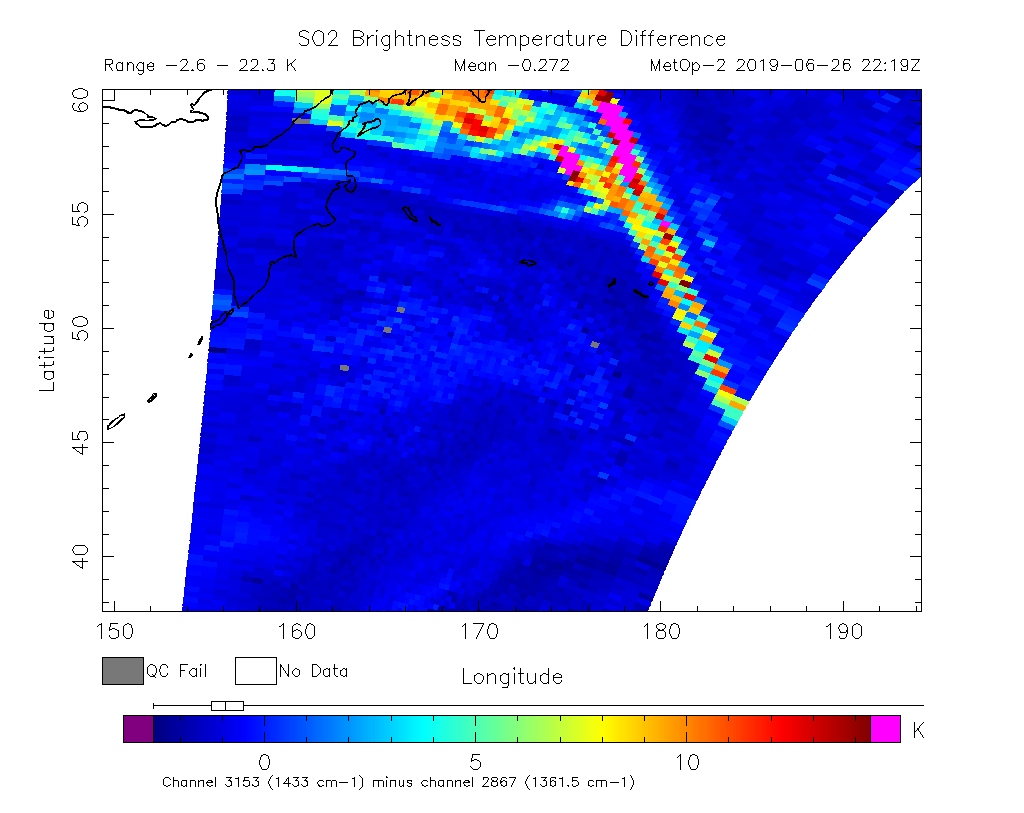 SO2 Brightness Temperature Difference 2019-06-26 22:19Z