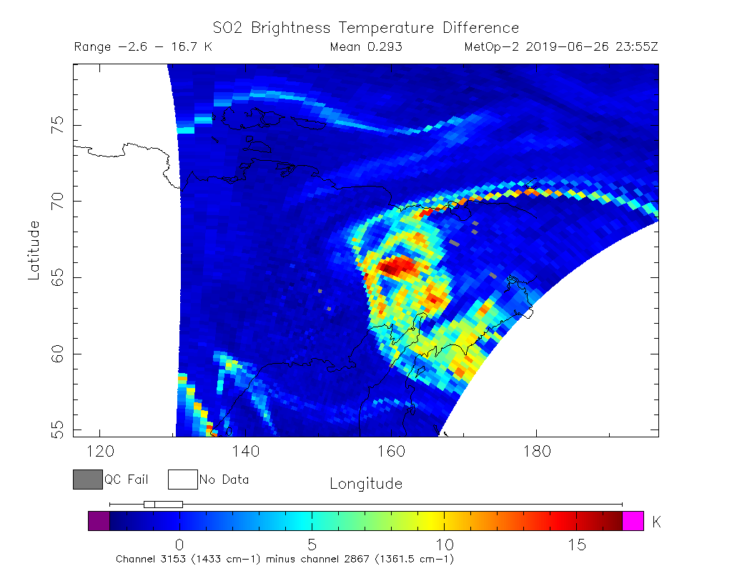 SO2 Brightness Temperature Difference 2019-06-26 23:55Z