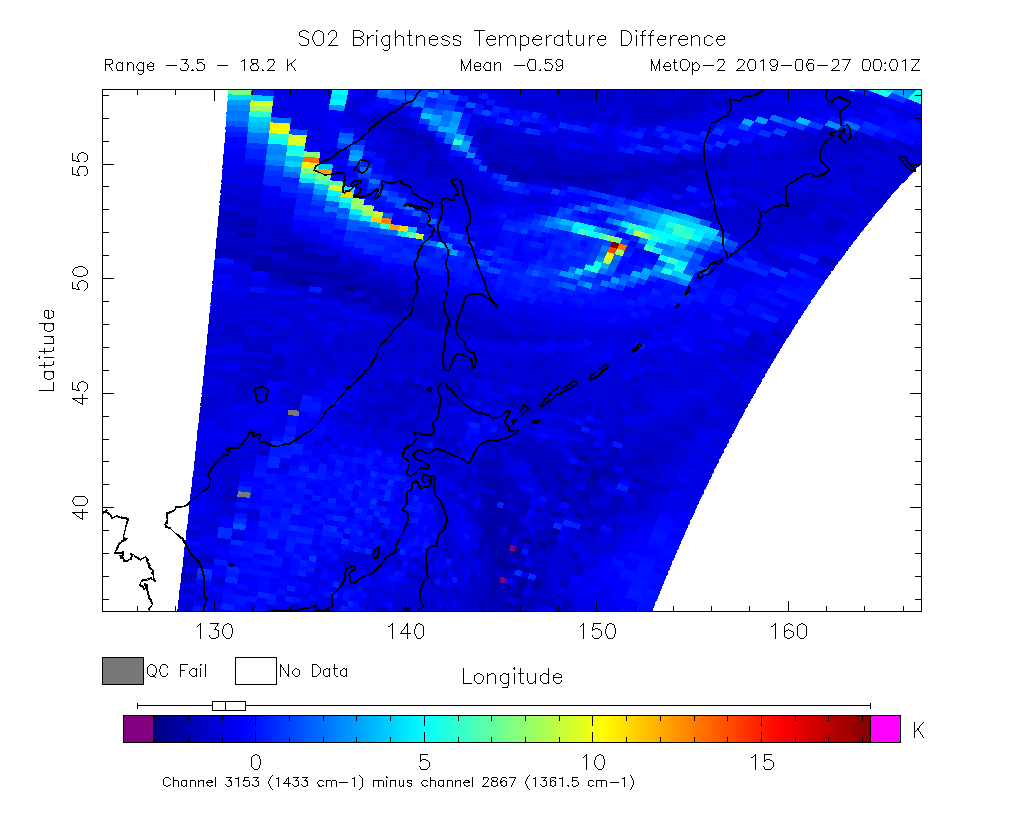 SO2 Brightness Temperature Difference 2019-06-27 00:01Z