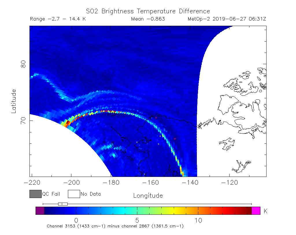 SO2 Brightness Temperature Difference 2019-06-27 06:31Z