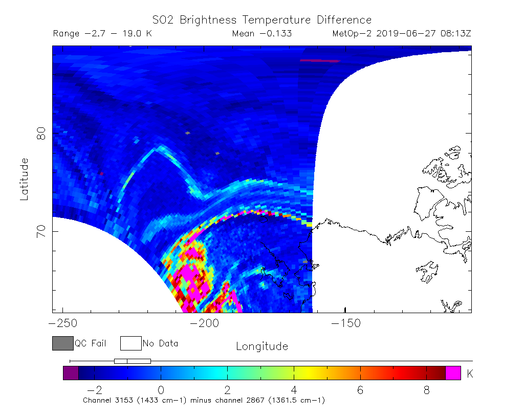 SO2 Brightness Temperature Difference 2019-06-27 08:13Z