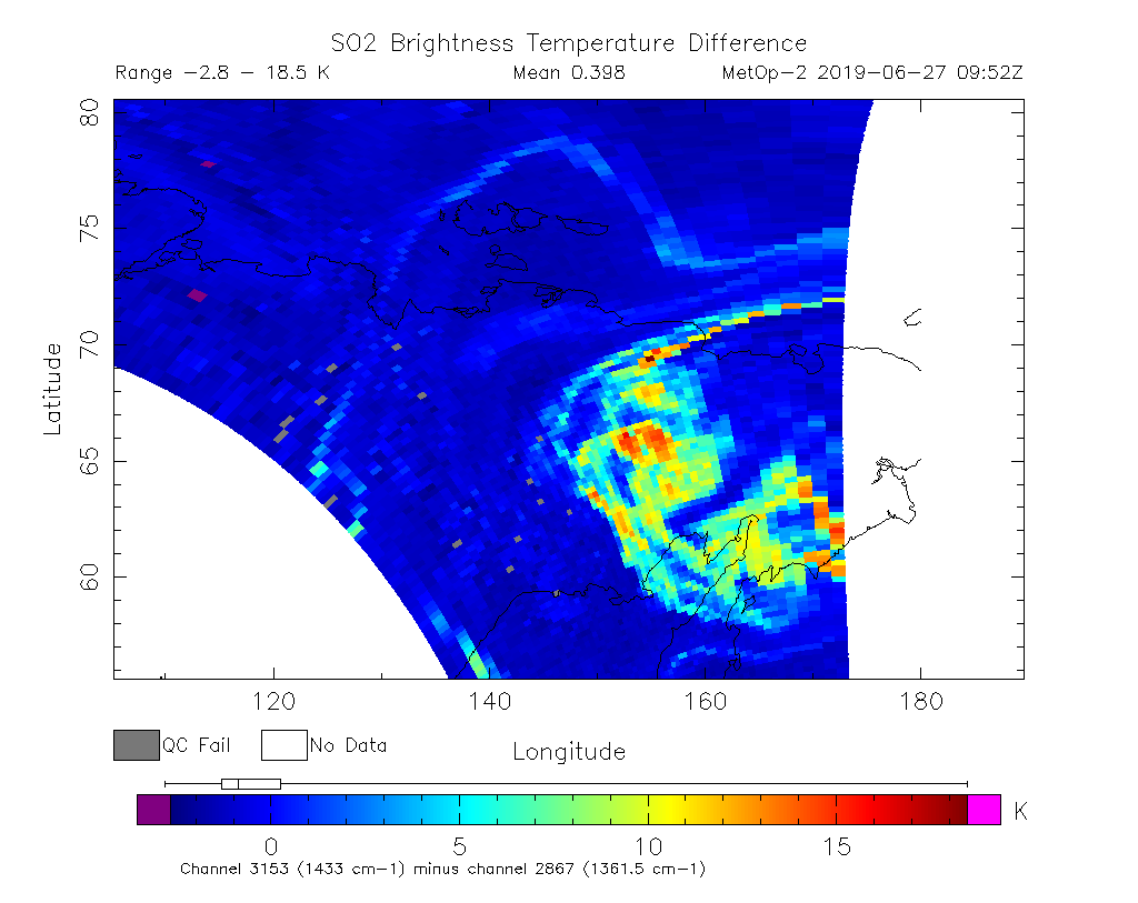 SO2 Brightness Temperature Difference 2019-06-27 09:52Z