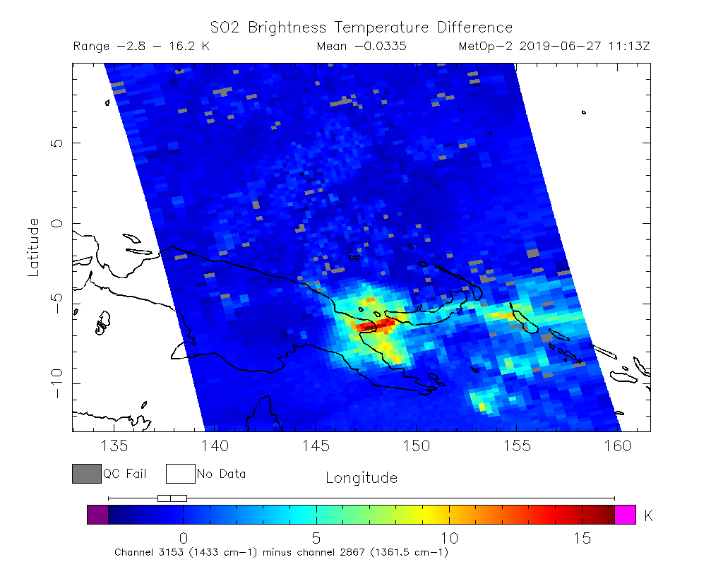 SO2 Brightness Temperature Difference 2019-06-27 11:13Z