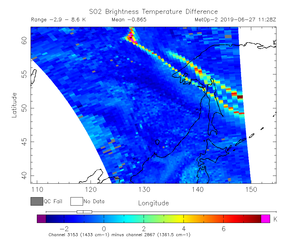 SO2 Brightness Temperature Difference 2019-06-27 11:28Z