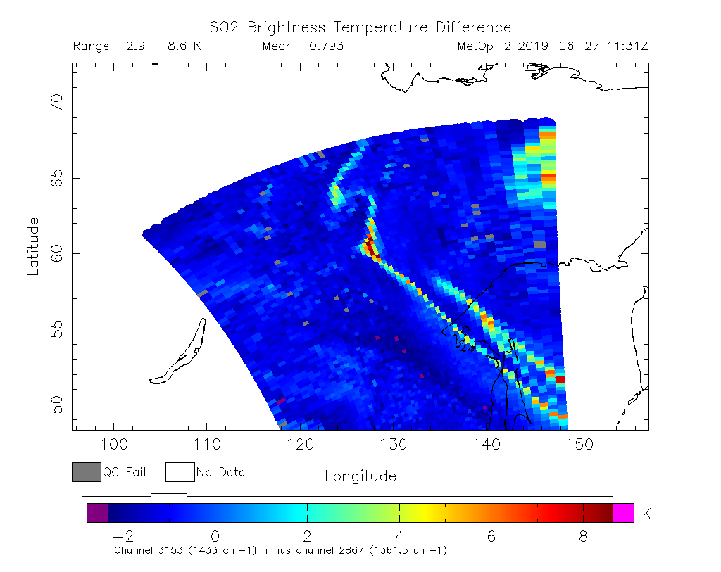 SO2 Brightness Temperature Difference 2019-06-27 11:31Z