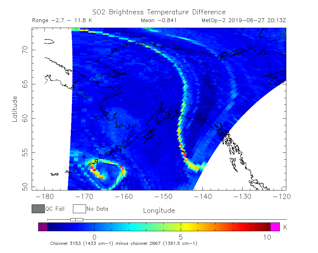 SO2 Brightness Temperature Difference 2019-06-27 20:13Z