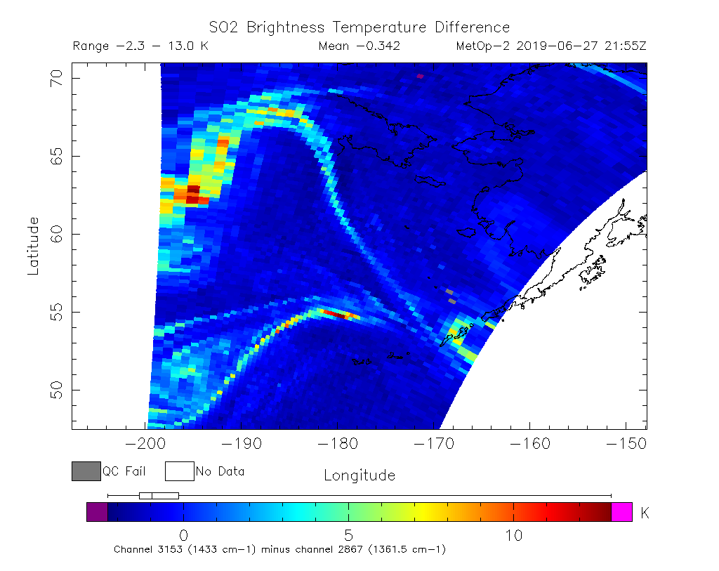 SO2 Brightness Temperature Difference 2019-06-27 21:55Z