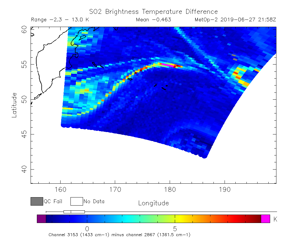 SO2 Brightness Temperature Difference 2019-06-27 21:58Z