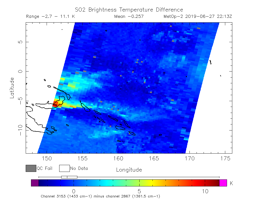 SO2 Brightness Temperature Difference 2019-06-27 22:13Z