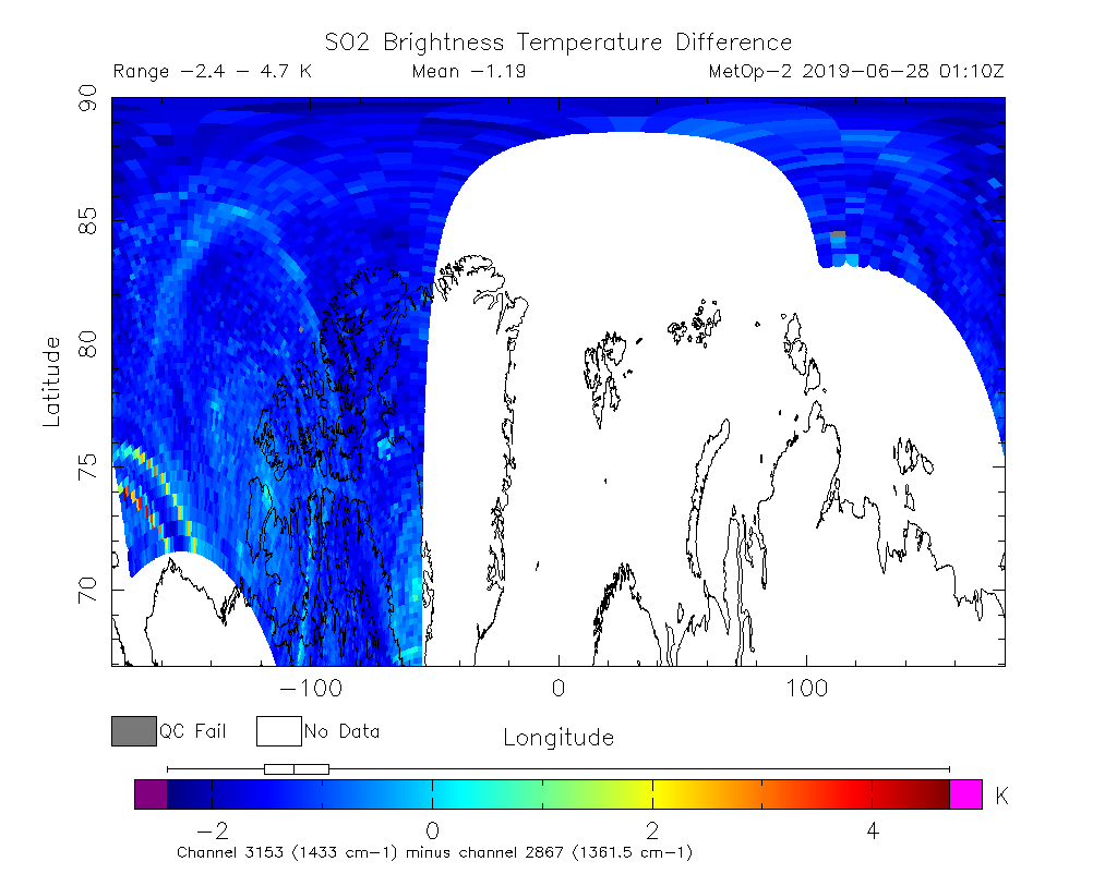 SO2 Brightness Temperature Difference 2019-06-28 01:10Z