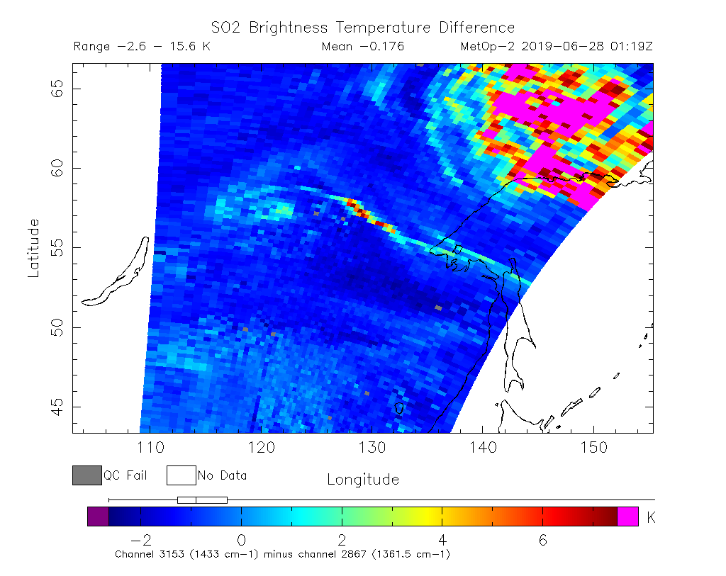 SO2 Brightness Temperature Difference 2019-06-28 01:19Z
