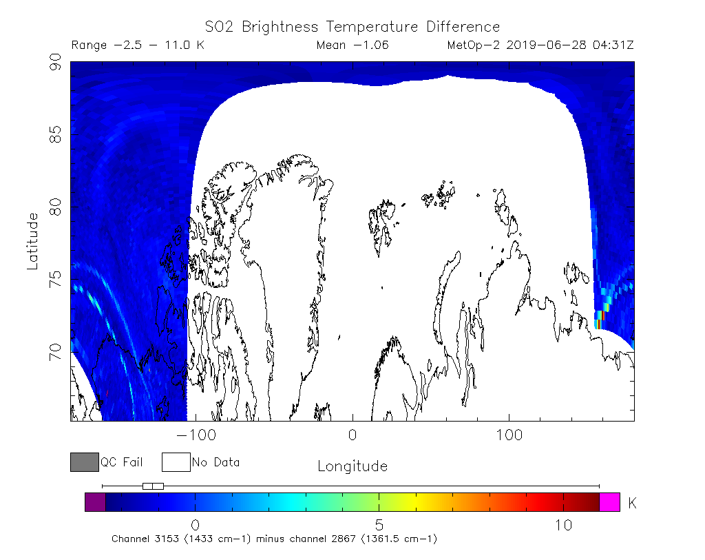 SO2 Brightness Temperature Difference 2019-06-28 04:31Z