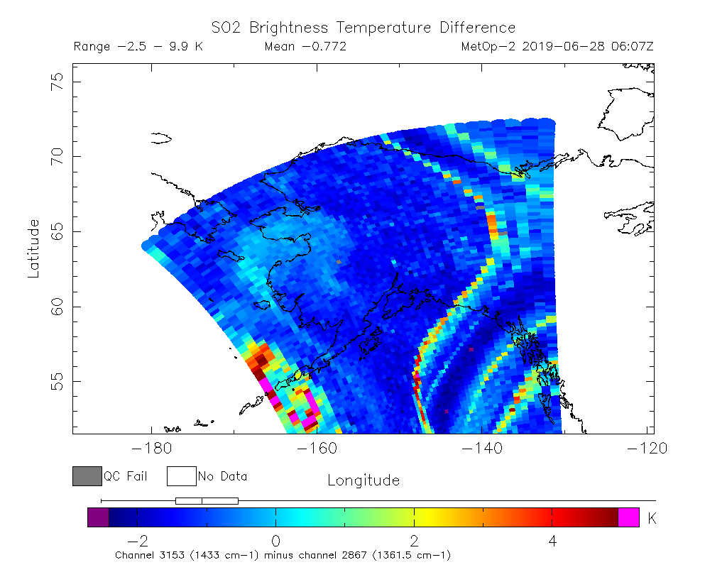 SO2 Brightness Temperature Difference 2019-06-28 06:07Z