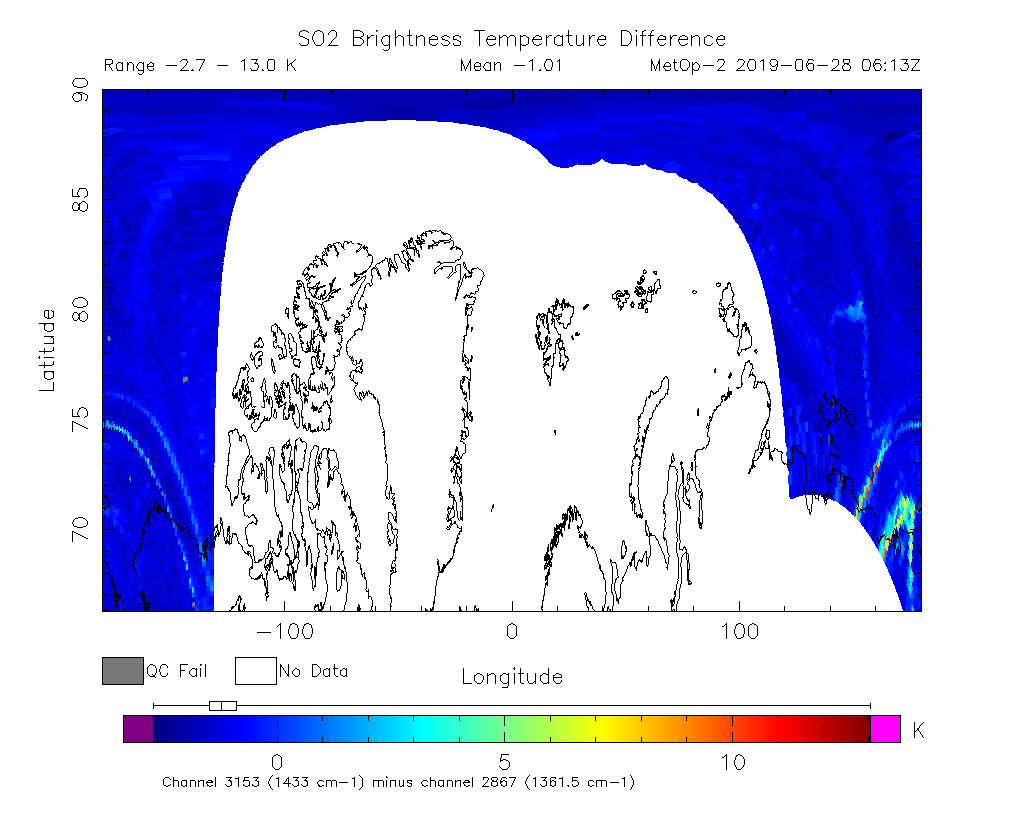 SO2 Brightness Temperature Difference 2019-06-28 06:13Z