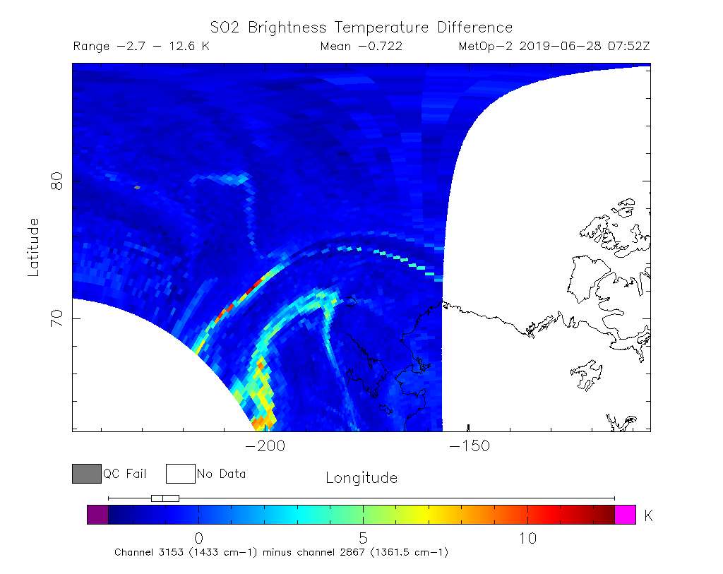 SO2 Brightness Temperature Difference 2019-06-28 07:52Z
