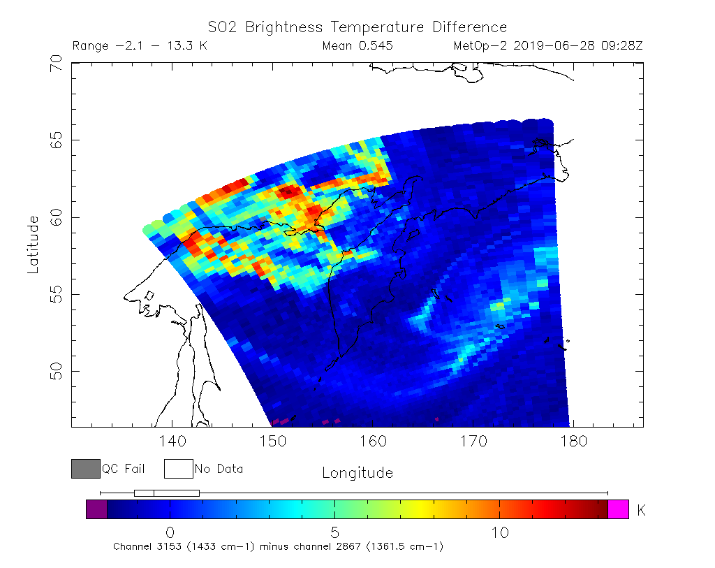 SO2 Brightness Temperature Difference 2019-06-28 09:28Z