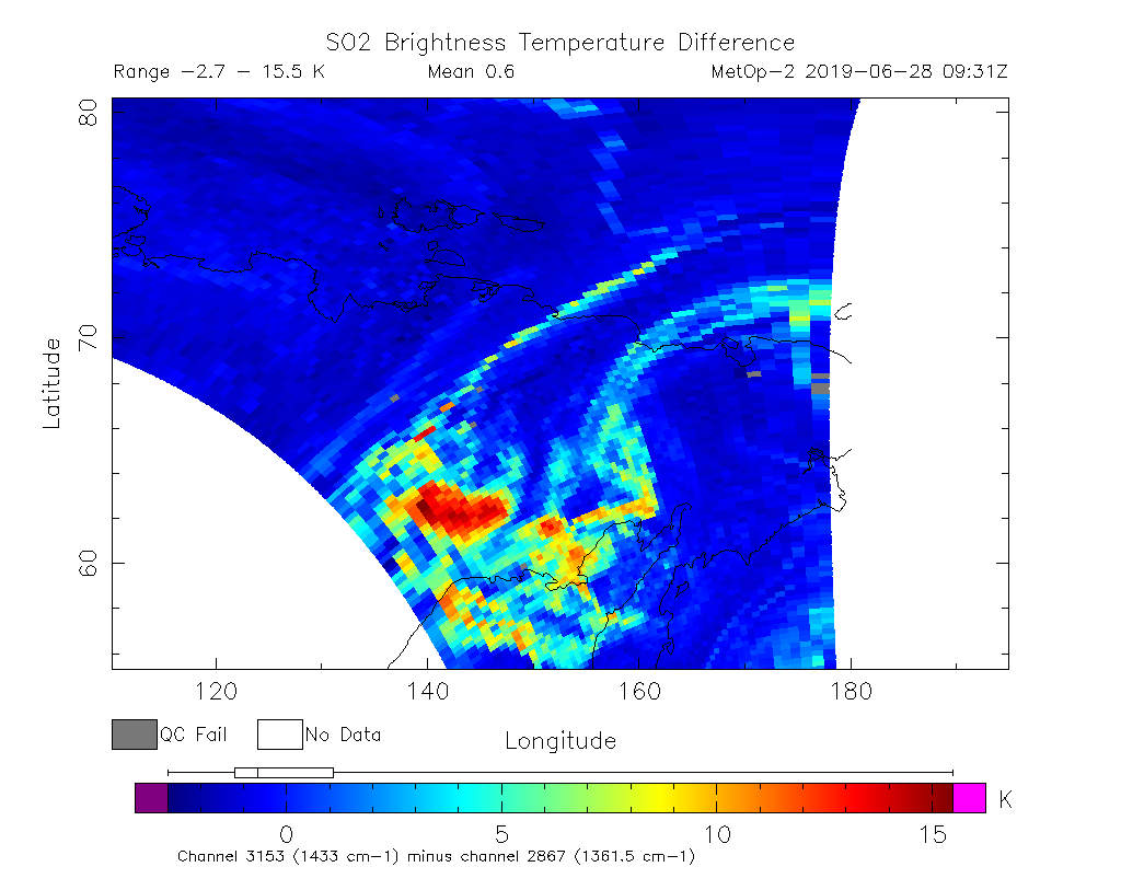 SO2 Brightness Temperature Difference 2019-06-28 09:31Z