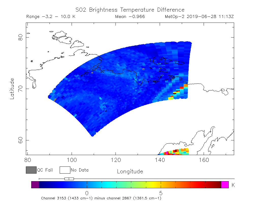 SO2 Brightness Temperature Difference 2019-06-28 11:13Z