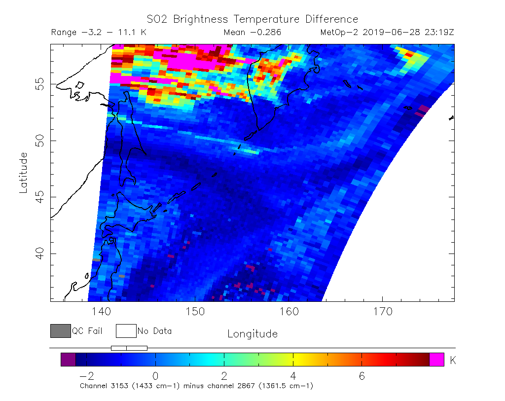 SO2 Brightness Temperature Difference 2019-06-28 23:19Z